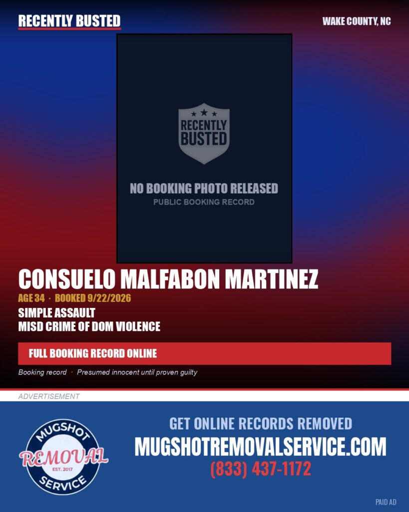 CONSUELO MALFABON MARTINEZ — arrest record card, Wake County, North Carolina