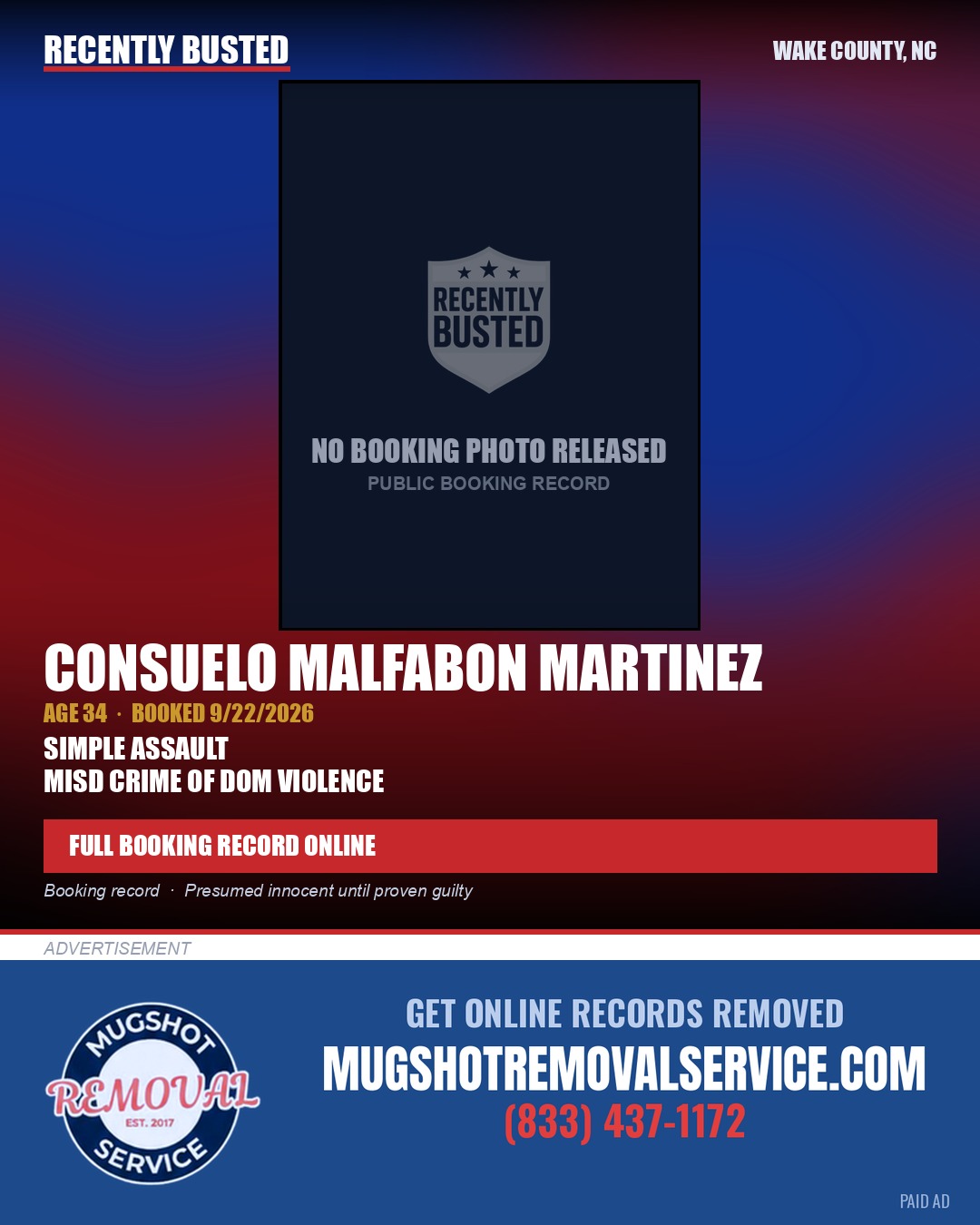CONSUELO MALFABON MARTINEZ — arrest record card, Wake County, North Carolina