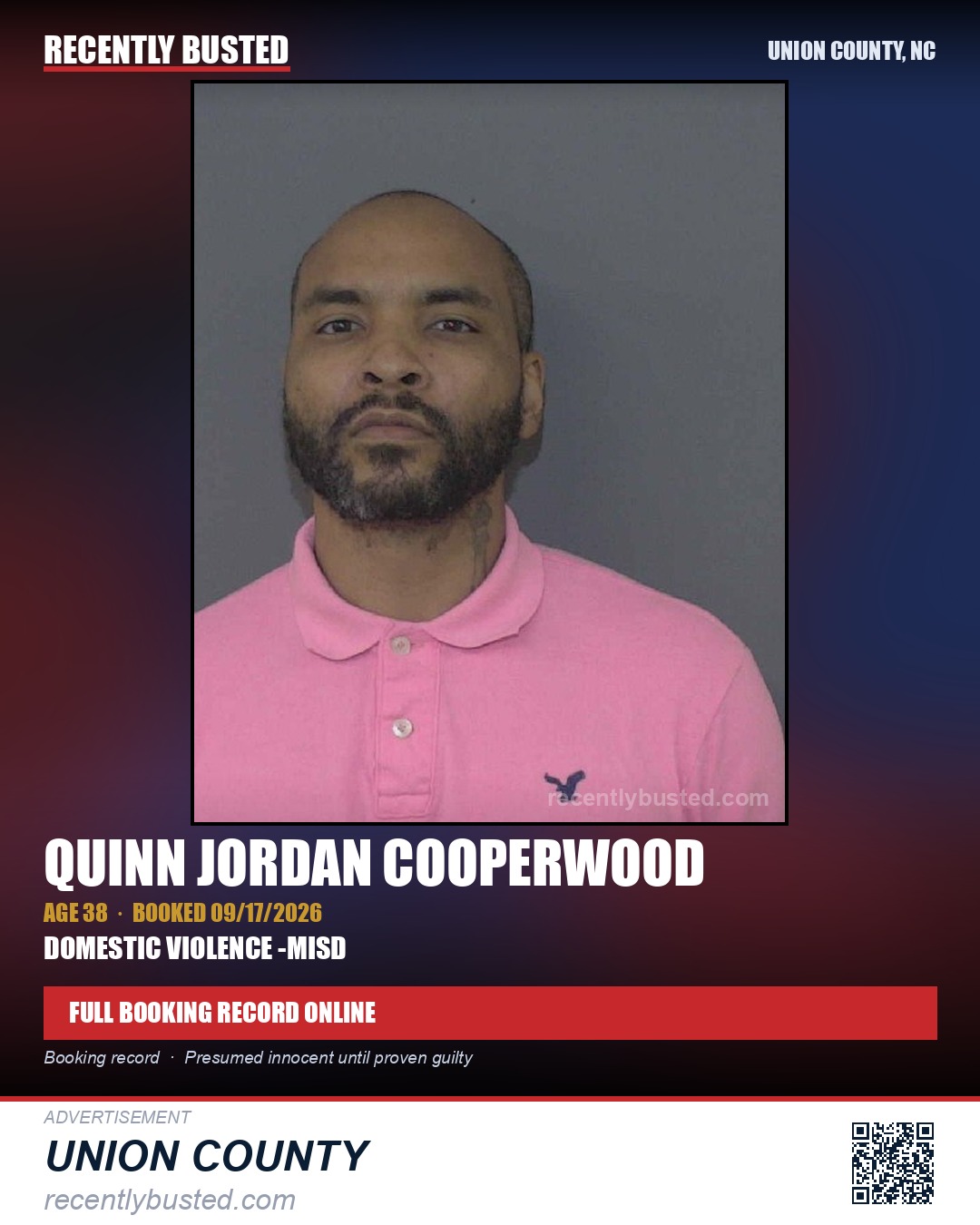 COOPERWOOD, QUINN JORDAN — arrest record card, Union County, North Carolina