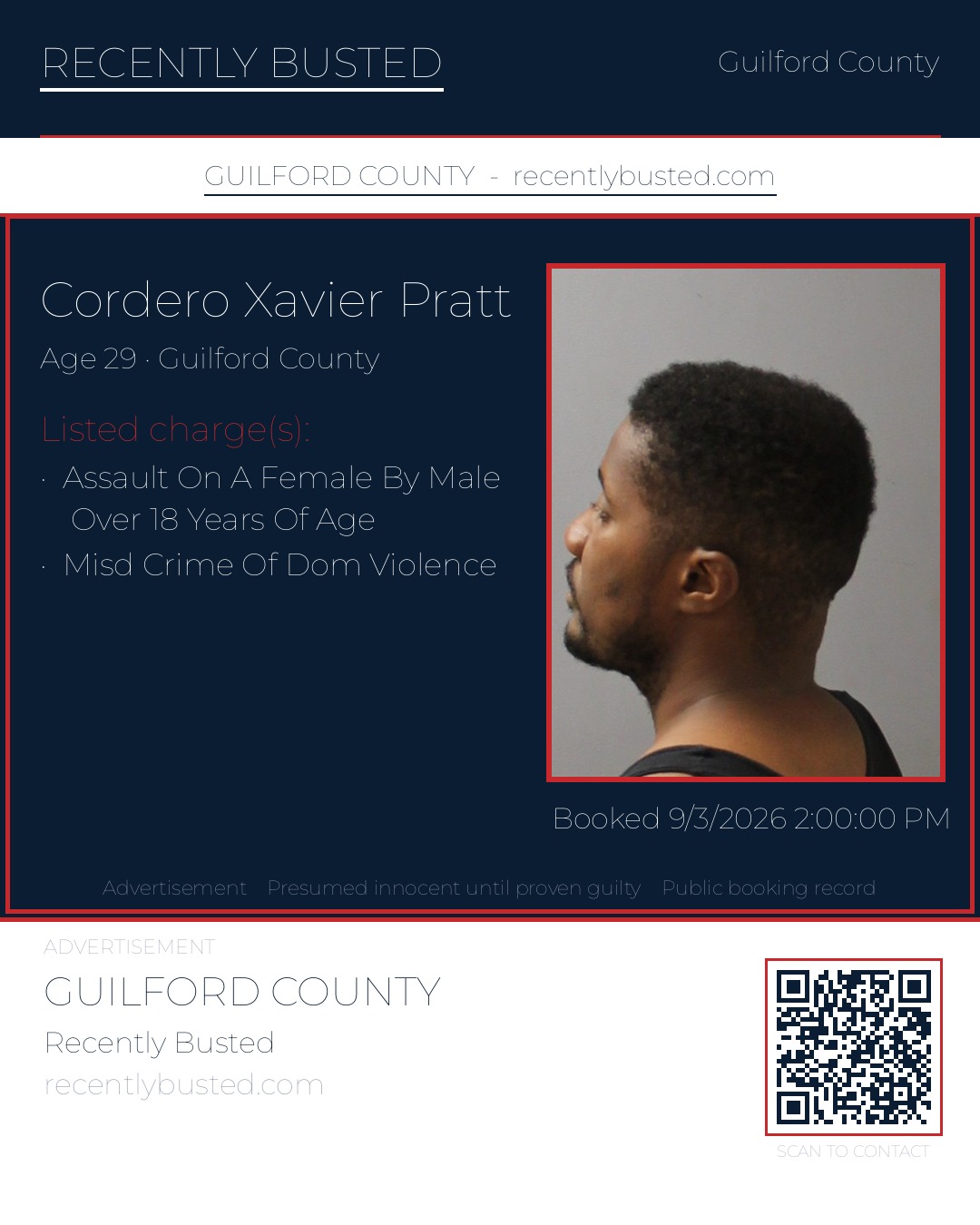CORDERO XAVIER PRATT — arrest record card, Guilford County, North Carolina