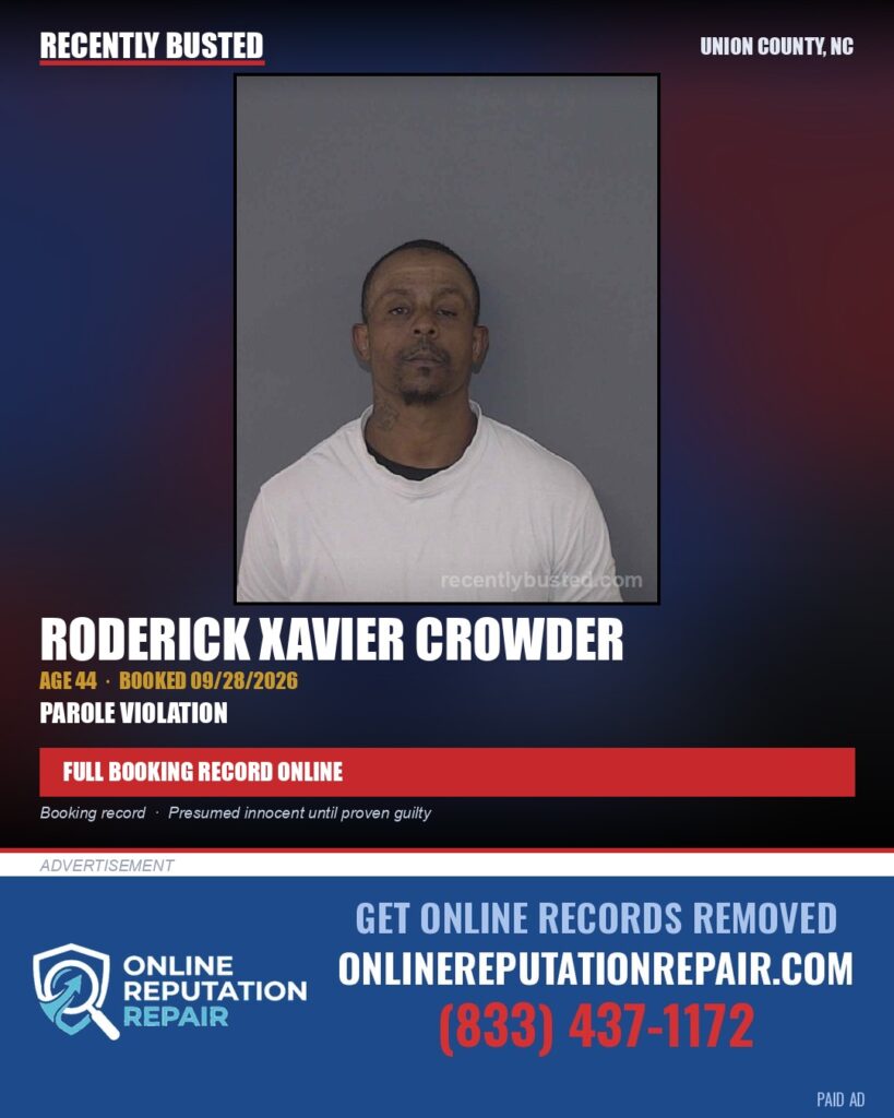 CROWDER, RODERICK XAVIER — arrest record card, Union County, North Carolina