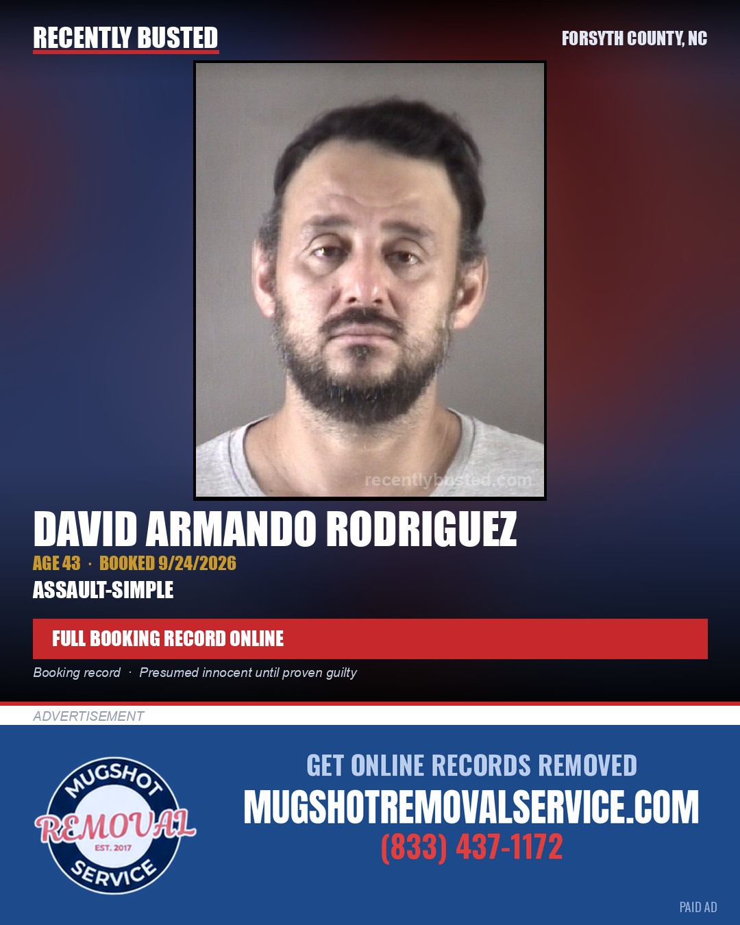 DAVID ARMANDO RODRIGUEZ — arrest record card, Forsyth County, North Carolina