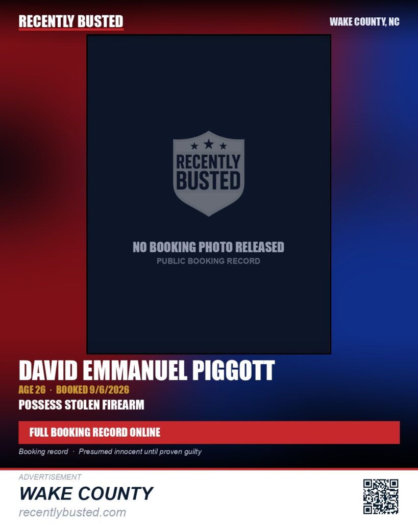DAVID EMMANUEL PIGGOTT — arrest record card, Wake County, North Carolina