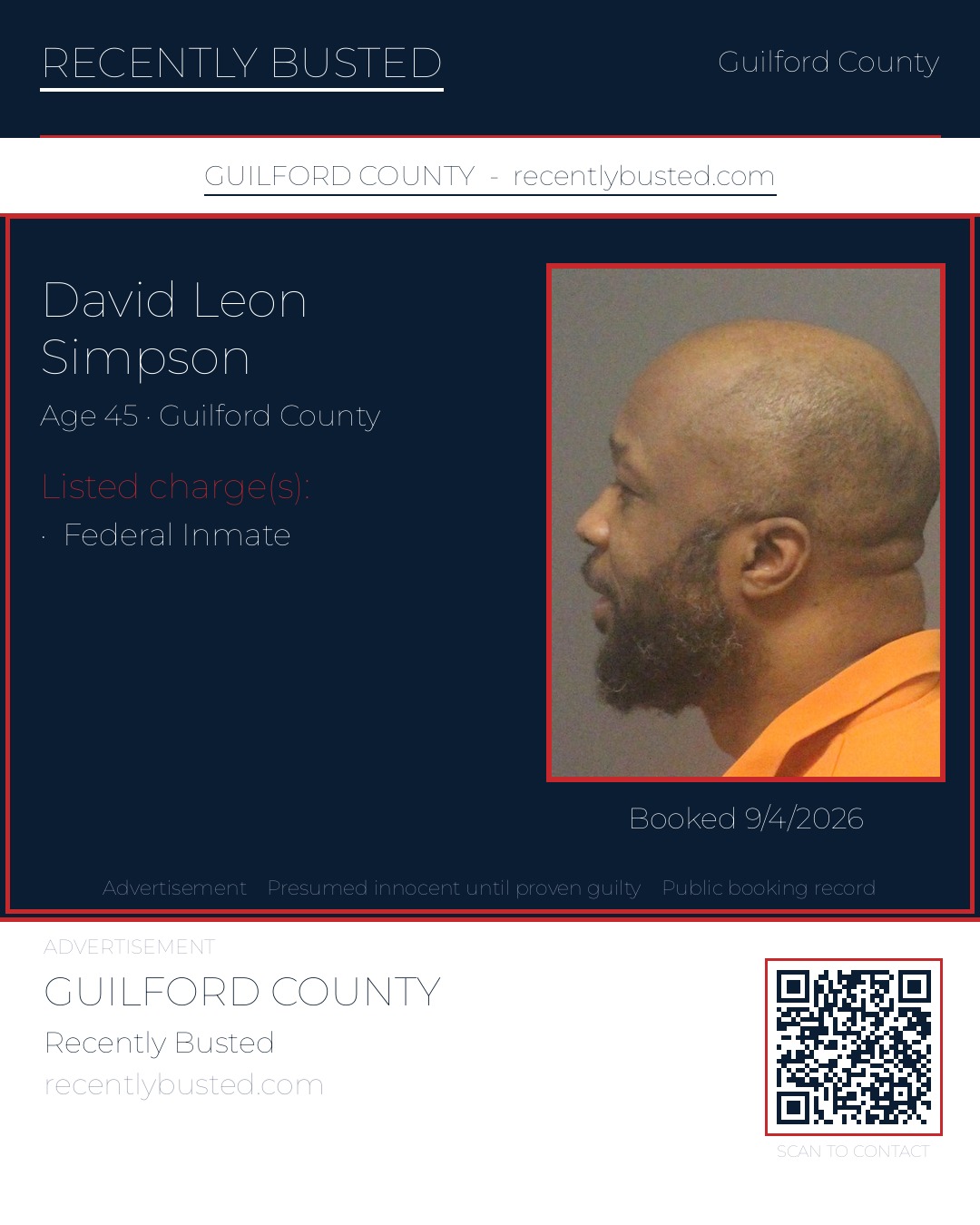 DAVID LEON SIMPSON — arrest record card, Guilford County, North Carolina