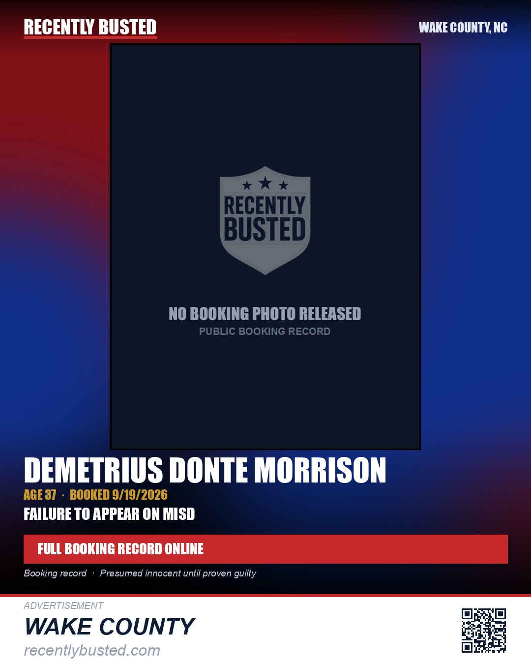 DEMETRIUS DONTE MORRISON — arrest record card, Wake County, North Carolina