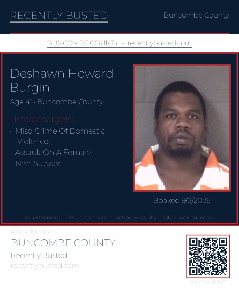 DESHAWN HOWARD BURGIN — arrest record card, Buncombe County, North Carolina