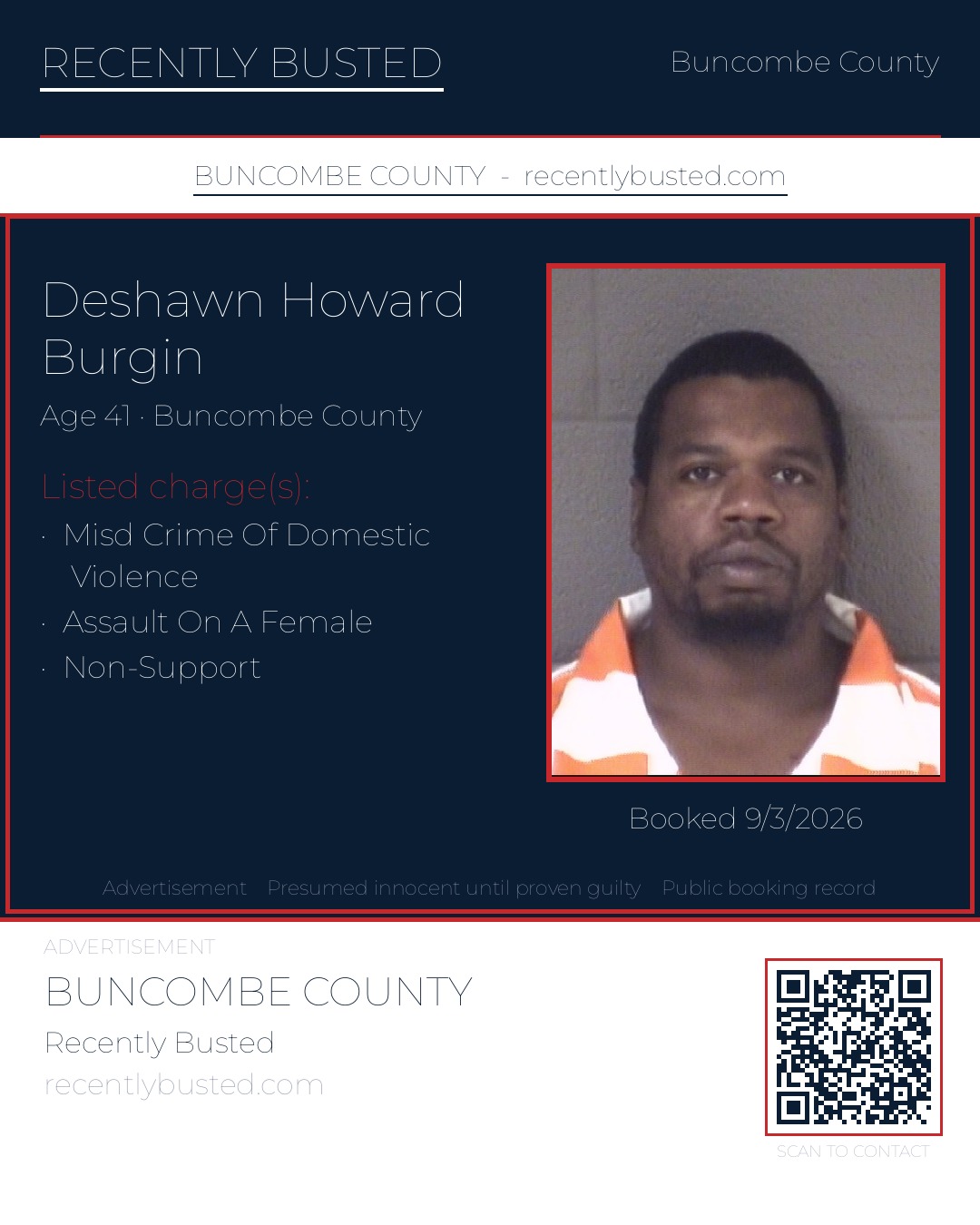 DESHAWN HOWARD BURGIN — arrest record card, Buncombe County, North Carolina