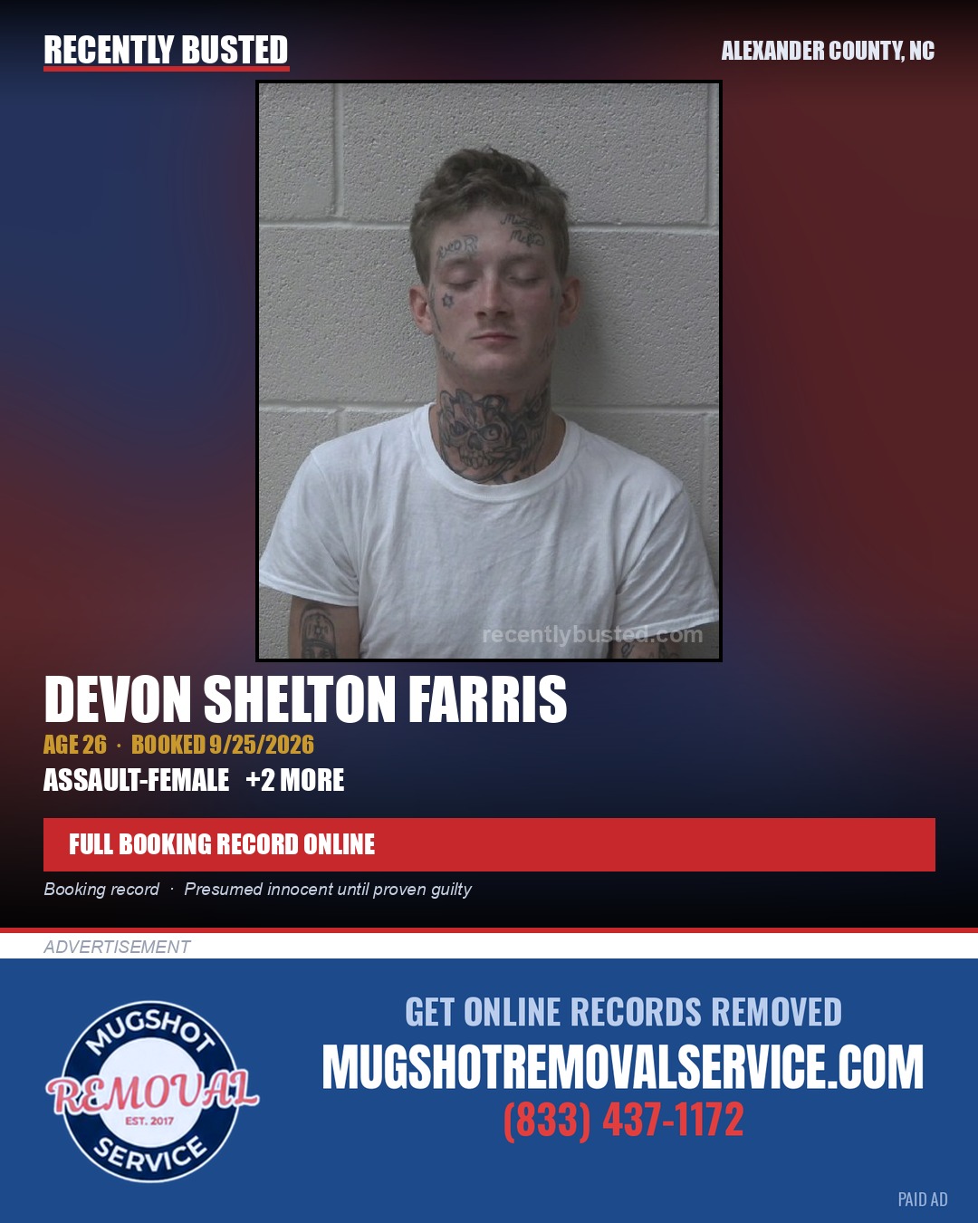 DEVON SHELTON FARRIS — arrest record card, Alexander County, North Carolina
