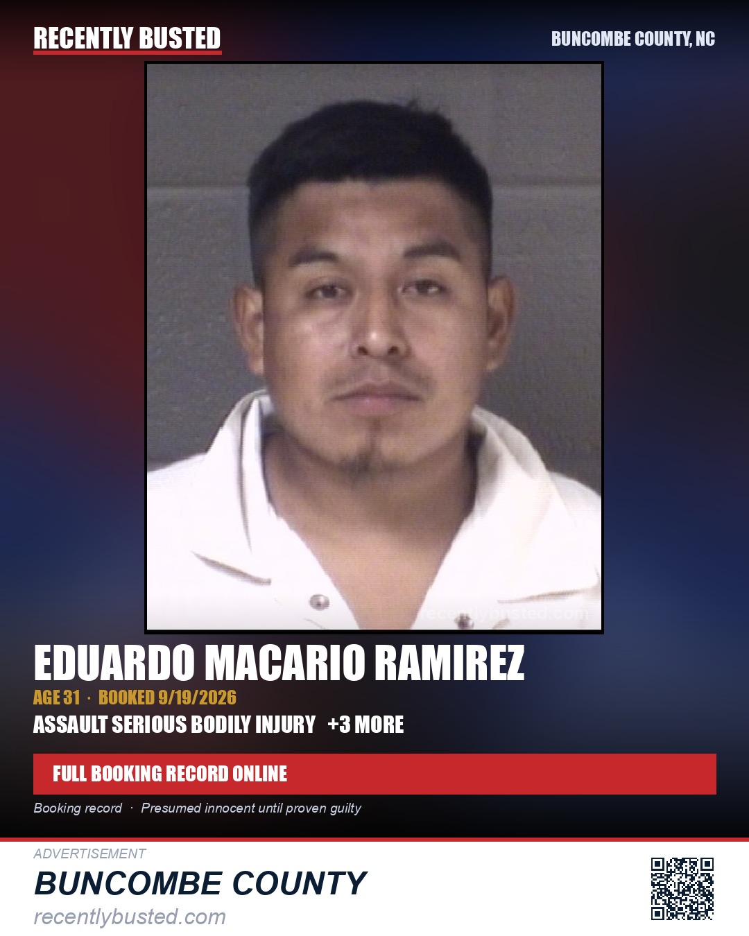 EDUARDO MACARIO RAMIREZ — arrest record card, Buncombe County, North Carolina