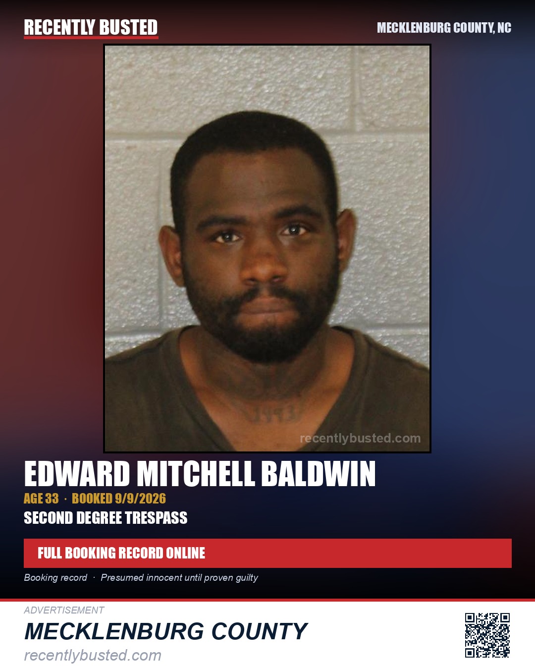 EDWARD MITCHELL BALDWIN — arrest record card, Mecklenburg County, North Carolina