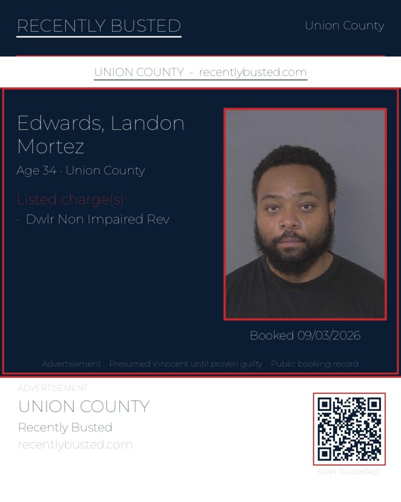 EDWARDS, LANDON MORTEZ — arrest record card, Union County, North Carolina