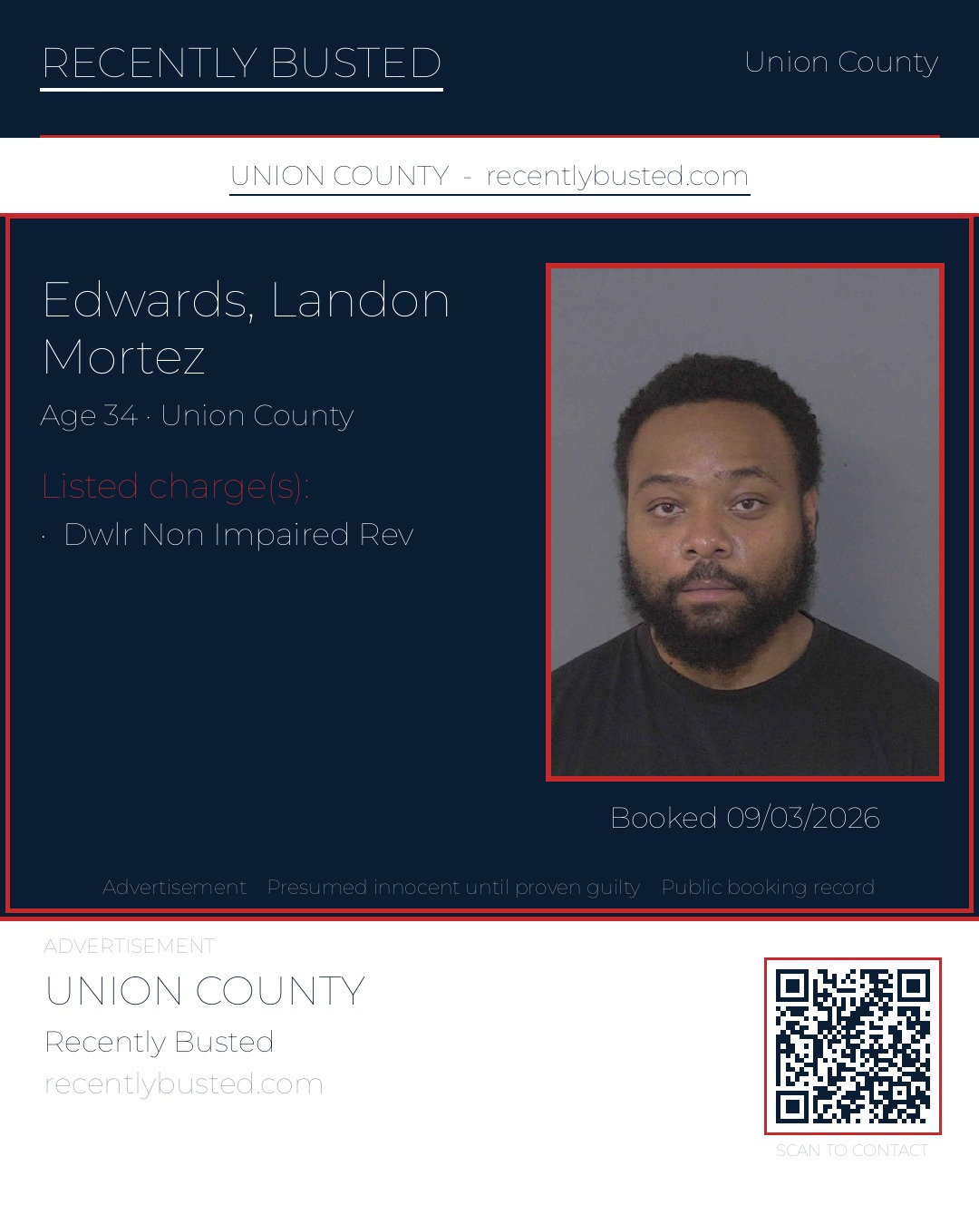 EDWARDS, LANDON MORTEZ — arrest record card, Union County, North Carolina
