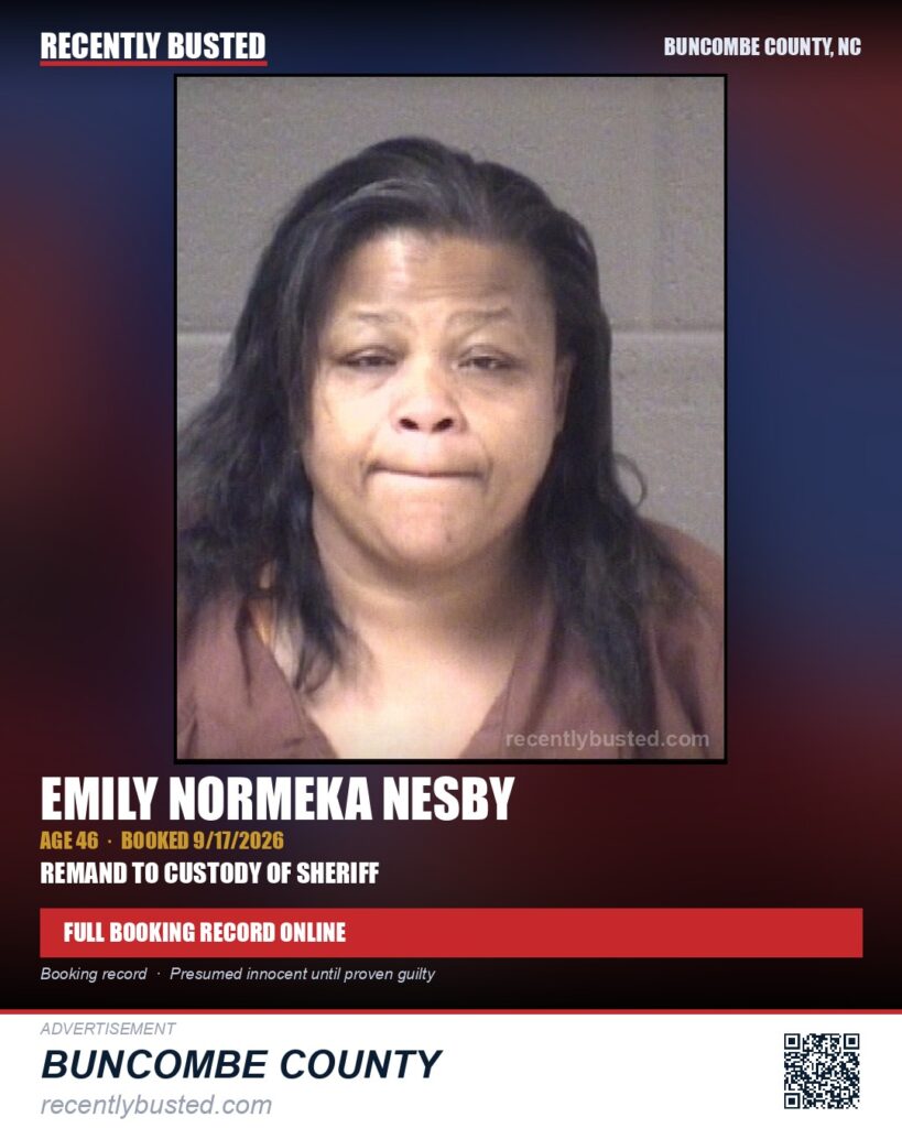EMILY NORMEKA NESBY — arrest record card, Buncombe County, North Carolina