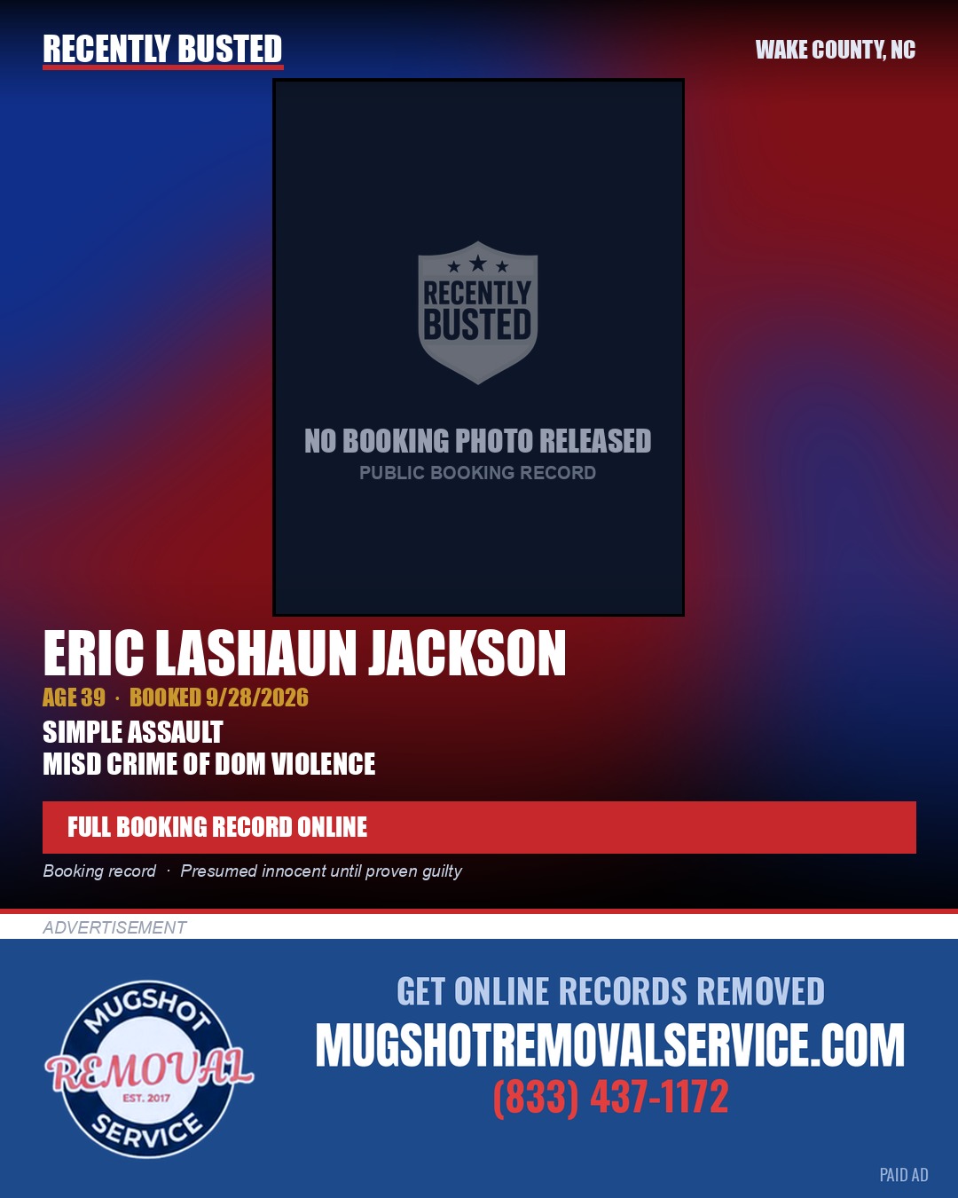 ERIC LASHAUN JACKSON — arrest record card, Wake County, North Carolina