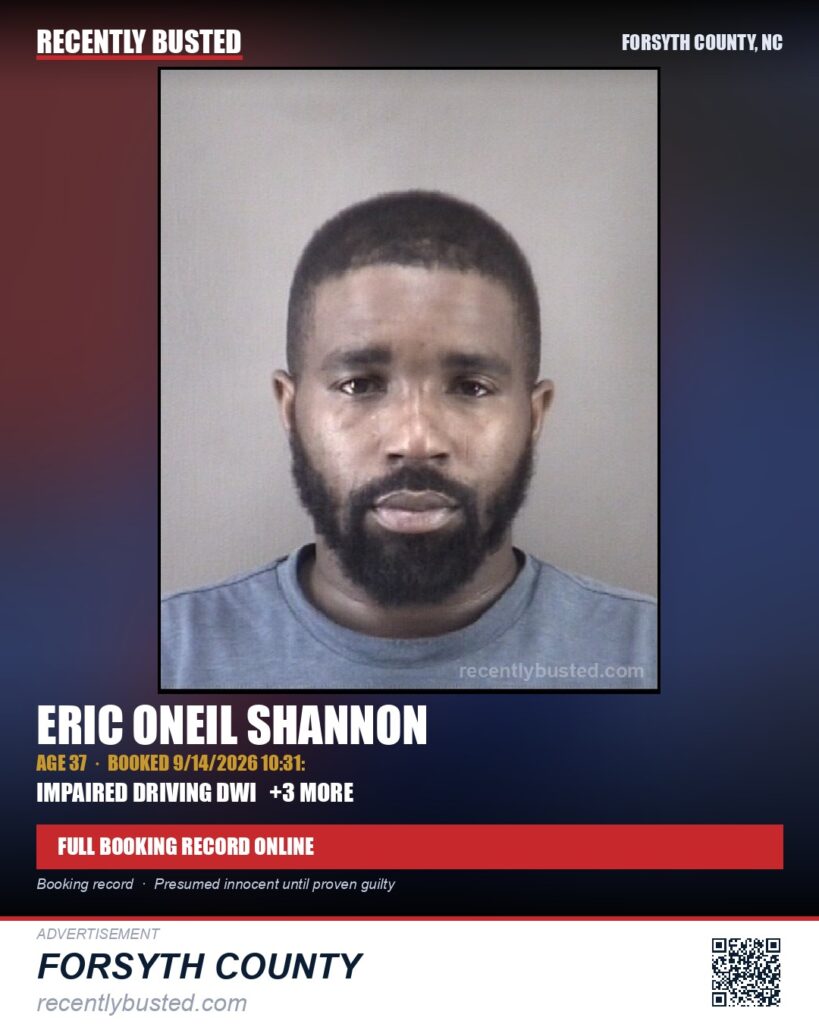 ERIC ONEIL SHANNON — arrest record card, Forsyth County, North Carolina