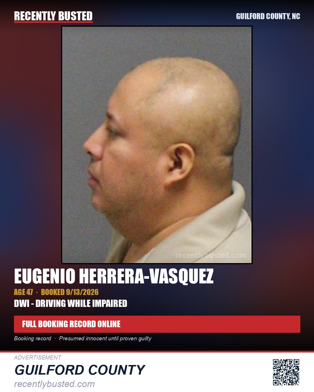 EUGENIO HERRERA-VASQUEZ — arrest record card, Guilford County, North Carolina