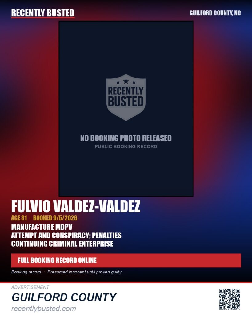FULVIO VALDEZ-VALDEZ — arrest record card, Guilford County, North Carolina