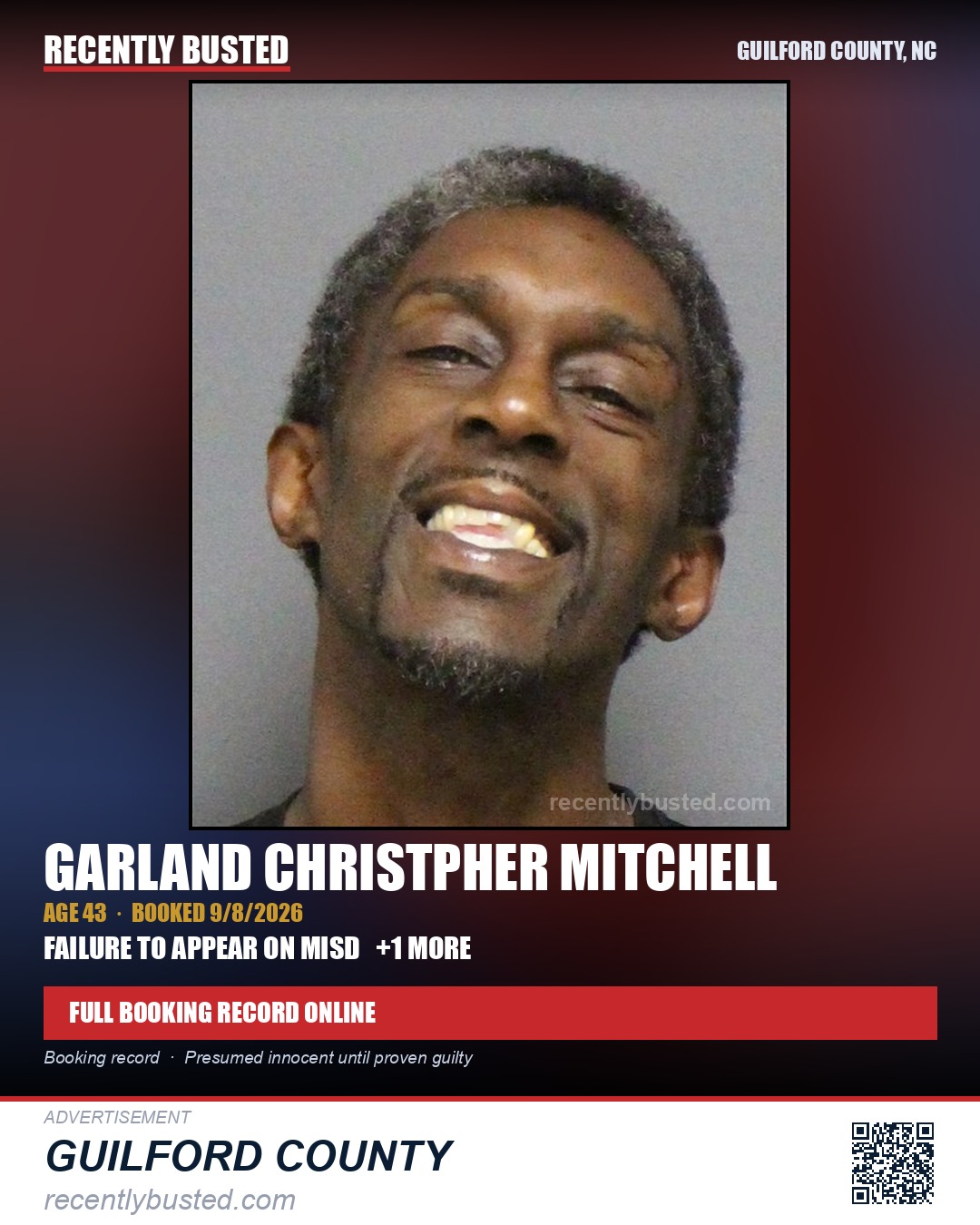 GARLAND CHRISTPHER MITCHELL — arrest record card, Guilford County, North Carolina