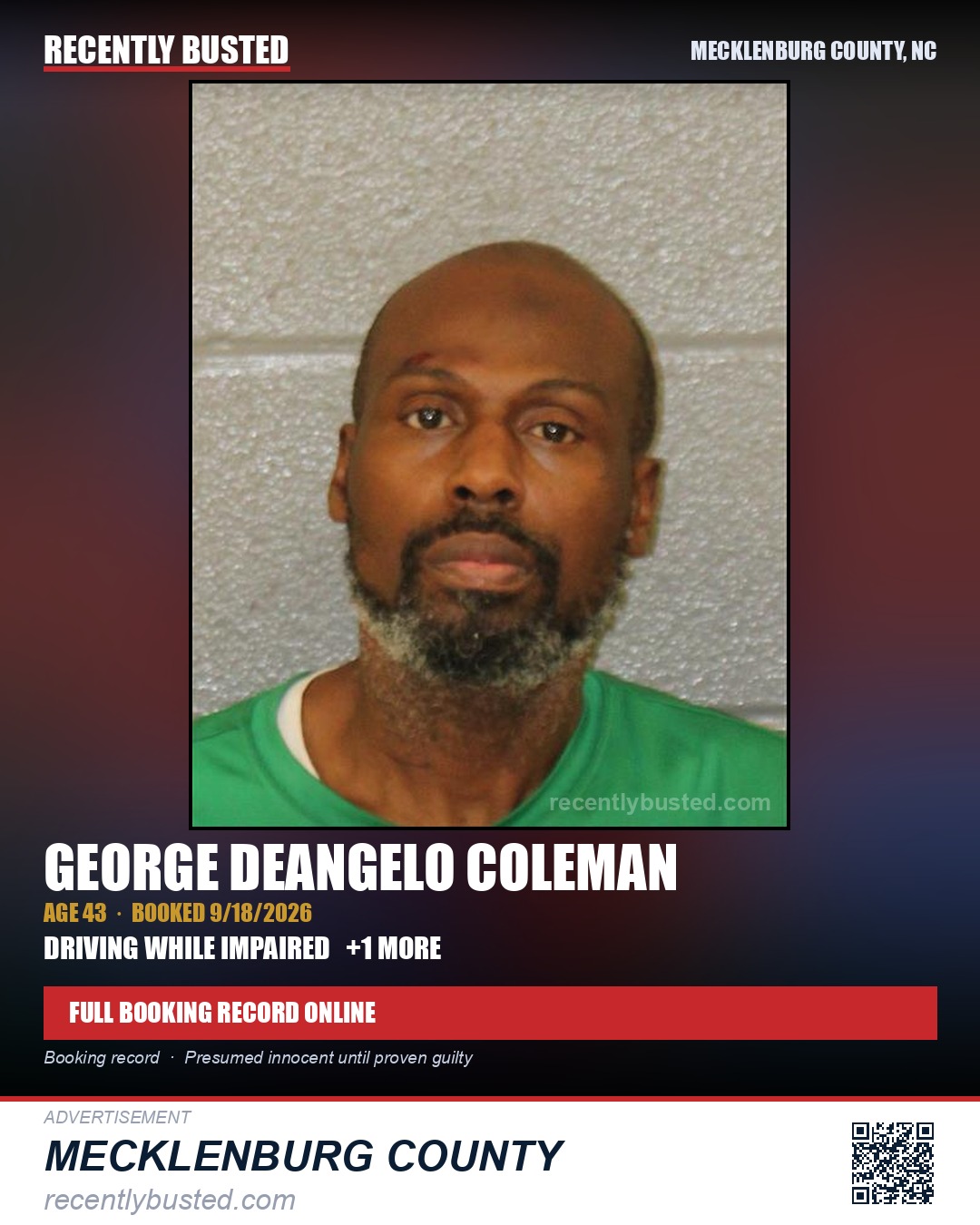 GEORGE DEANGELO COLEMAN — arrest record card, Mecklenburg County, North Carolina