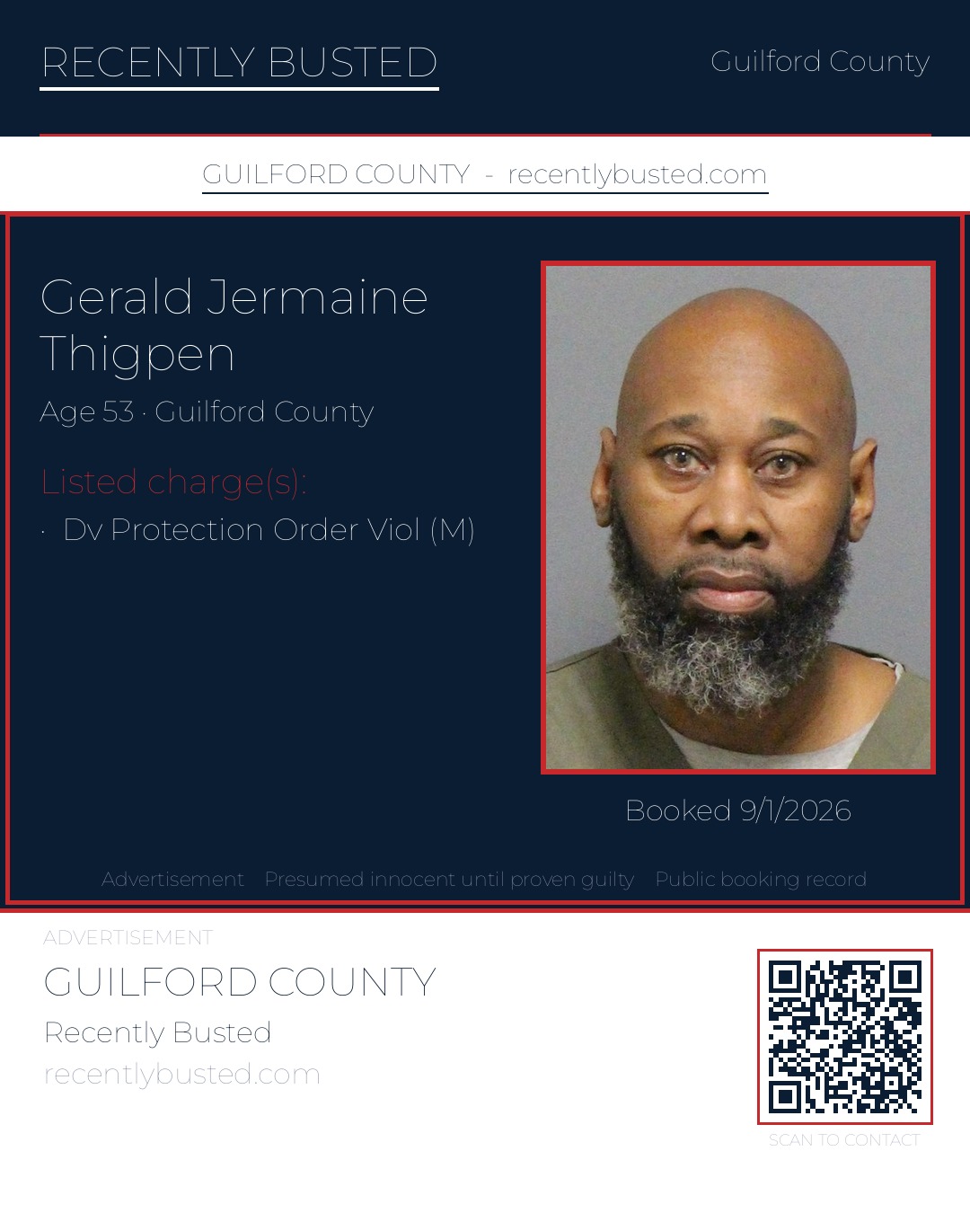 GERALD JERMAINE THIGPEN — arrest record card, Guilford County, North Carolina