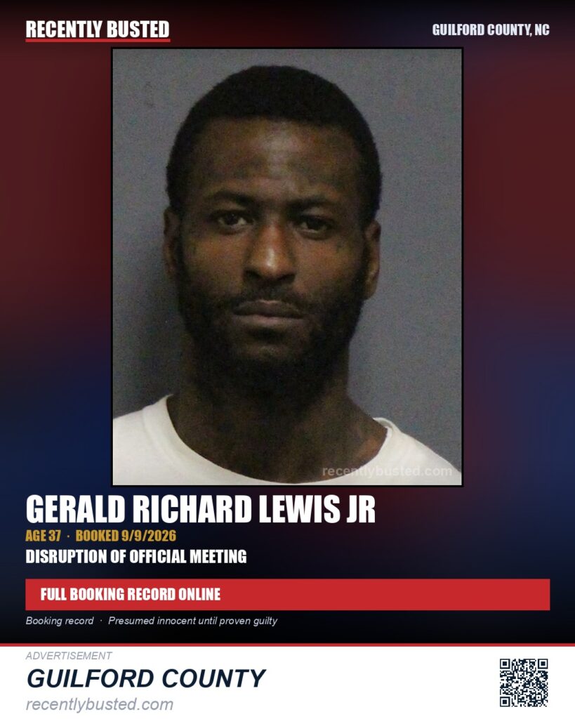 GERALD RICHARD LEWIS JR — arrest record card, Guilford County, North Carolina