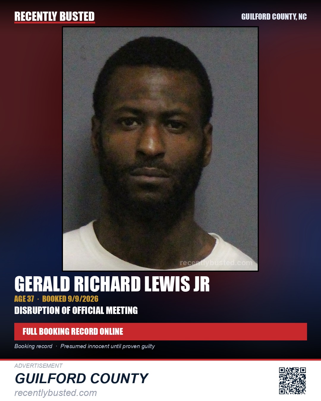 GERALD RICHARD LEWIS JR — arrest record card, Guilford County, North Carolina