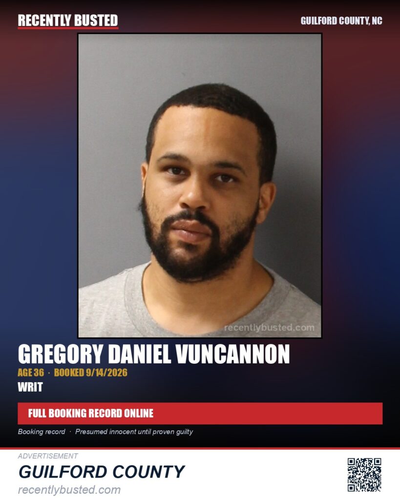 GREGORY DANIEL VUNCANNON — arrest record card, Guilford County, North Carolina