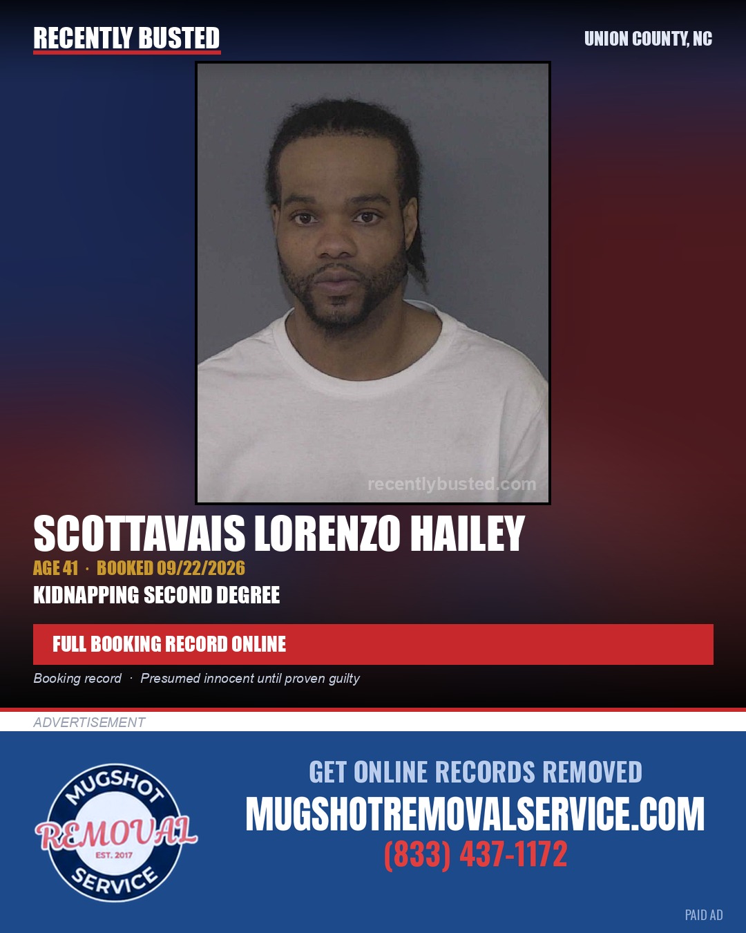 HAILEY, SCOTTAVAIS LORENZO — arrest record card, Union County, North Carolina