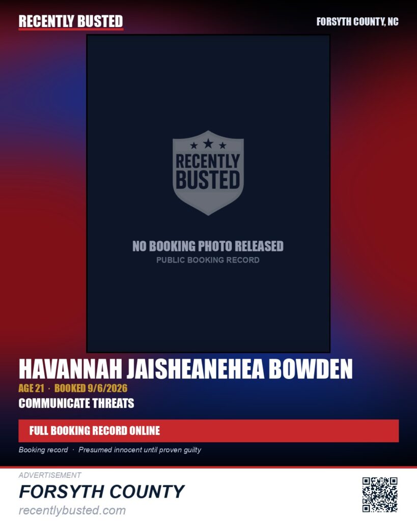 HAVANNAH JAISHEANEHEA BOWDEN — arrest record card, Forsyth County, North Carolina