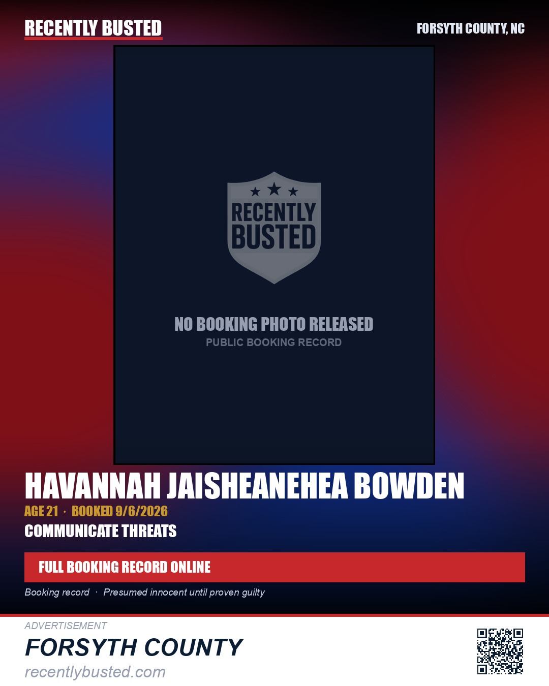 HAVANNAH JAISHEANEHEA BOWDEN — arrest record card, Forsyth County, North Carolina