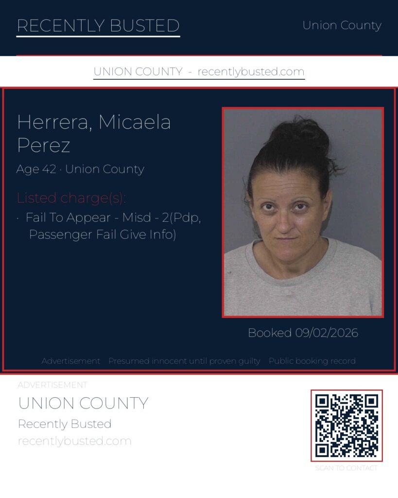 HERRERA, MICAELA PEREZ — arrest record card, Union County, North Carolina