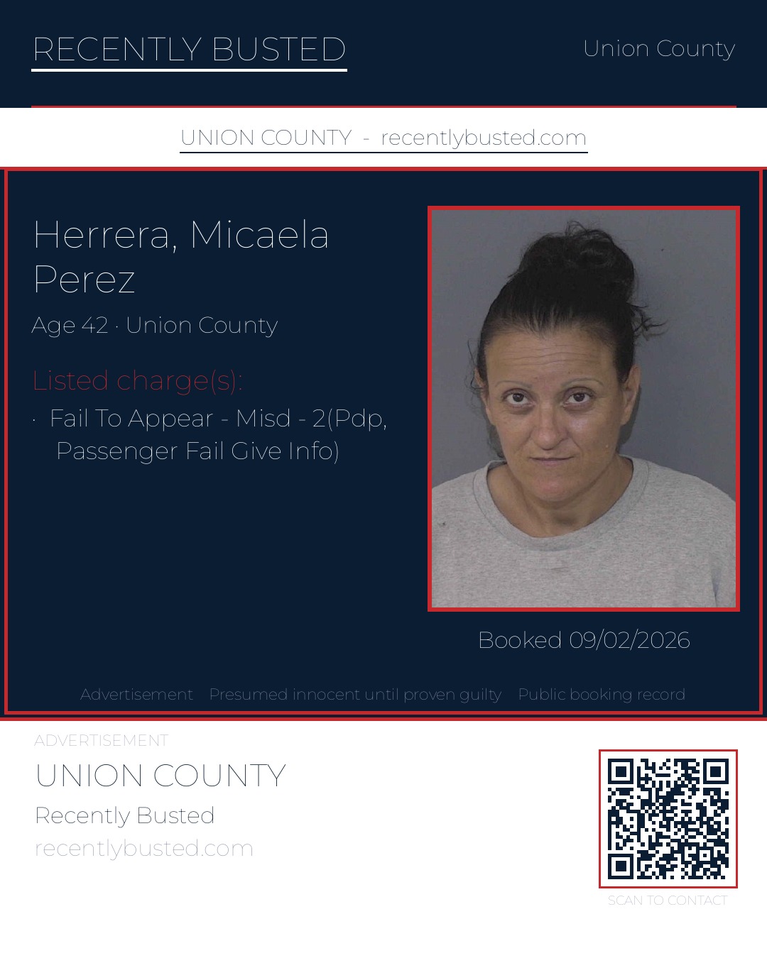 HERRERA, MICAELA PEREZ — arrest record card, Union County, North Carolina