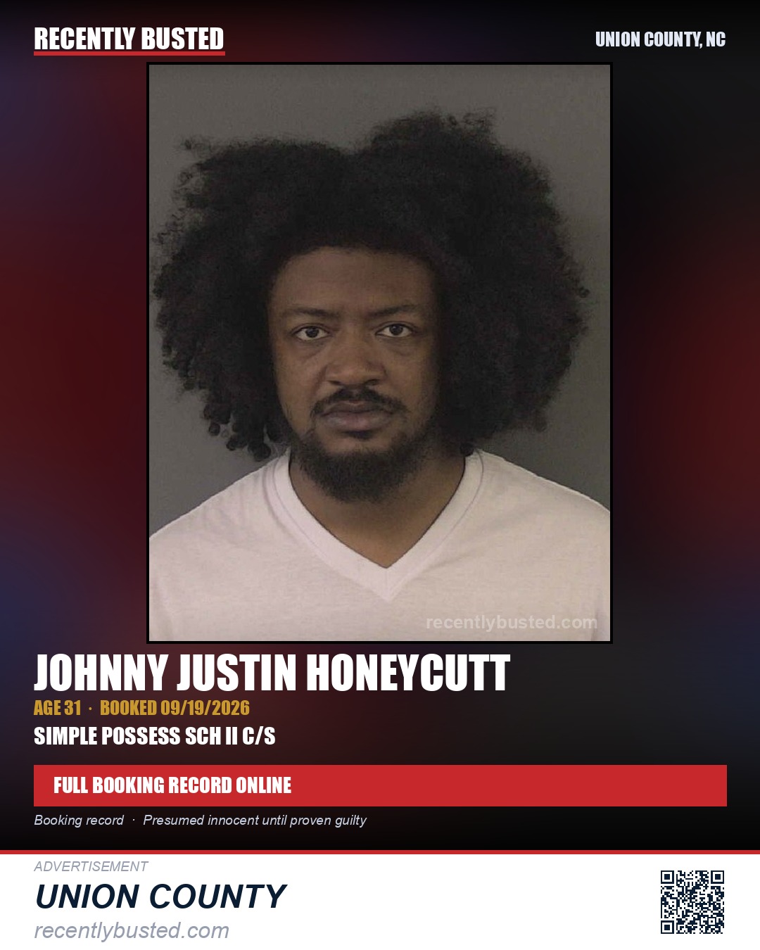 HONEYCUTT, JOHNNY JUSTIN — arrest record card, Union County, North Carolina