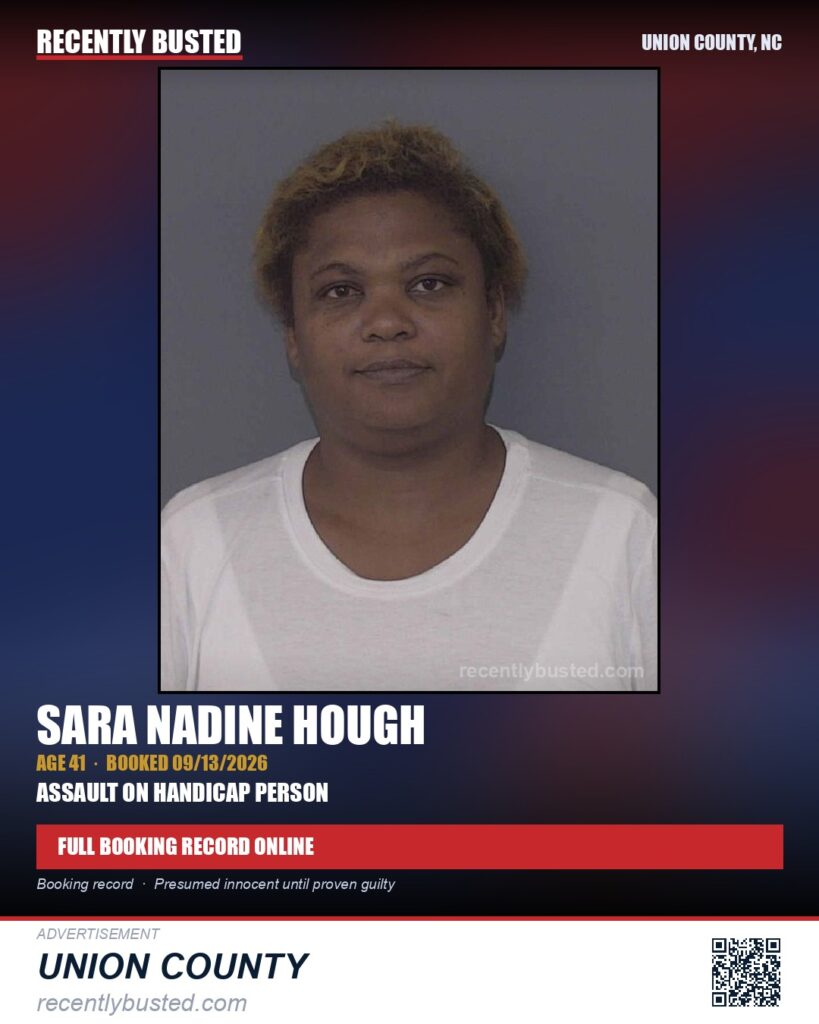HOUGH, SARA NADINE — arrest record card, Union County, North Carolina
