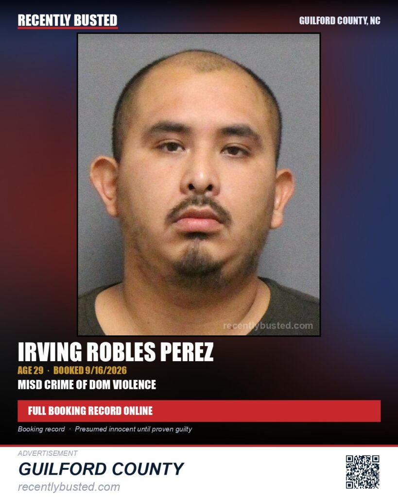 IRVING ROBLES PEREZ — arrest record card, Guilford County, North Carolina
