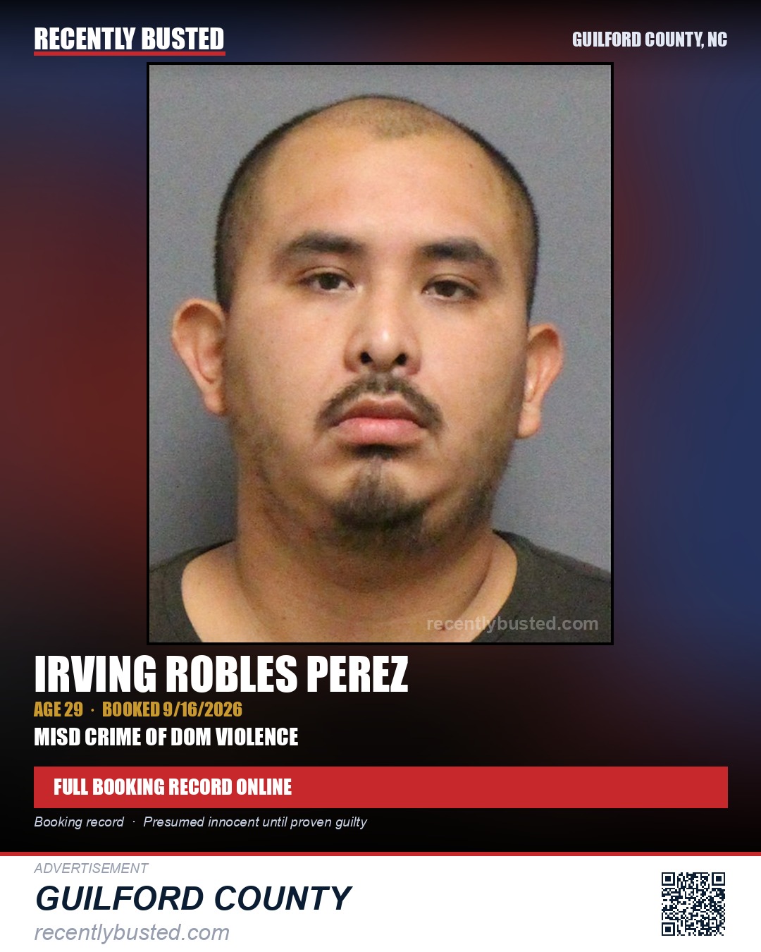 IRVING ROBLES PEREZ — arrest record card, Guilford County, North Carolina