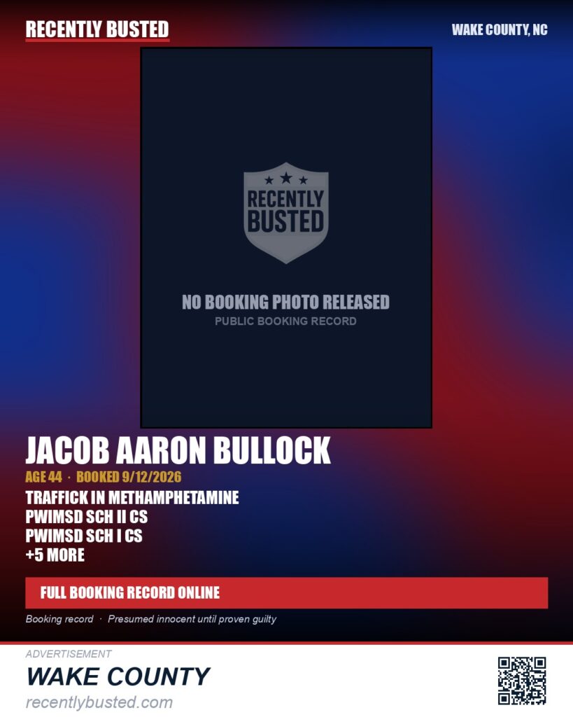 JACOB AARON BULLOCK — arrest record card, Wake County, North Carolina