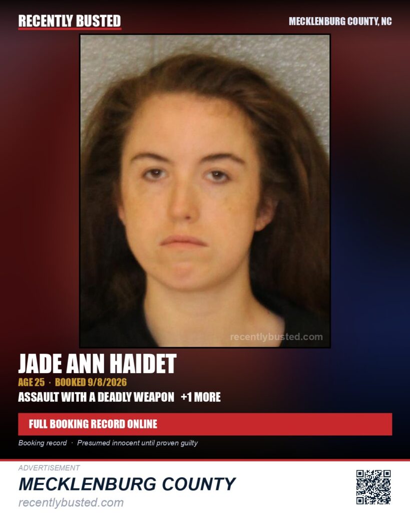 JADE ANN HAIDET — arrest record card, Mecklenburg County, North Carolina