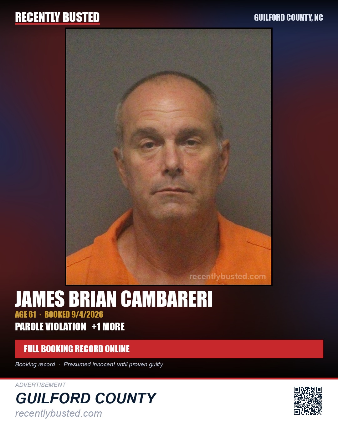 JAMES BRIAN CAMBARERI — arrest record card, Guilford County, North Carolina