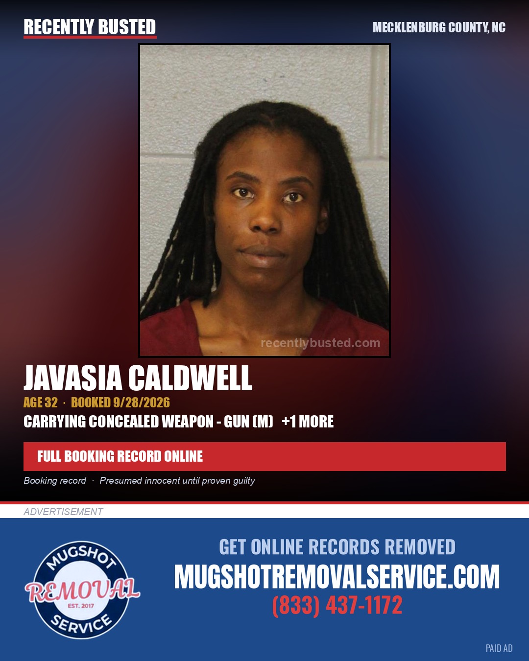 JAVASIA CALDWELL — arrest record card, Mecklenburg County, North Carolina