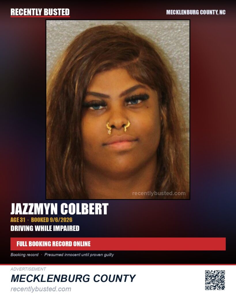 JAZZMYN COLBERT — arrest record card, Mecklenburg County, North Carolina