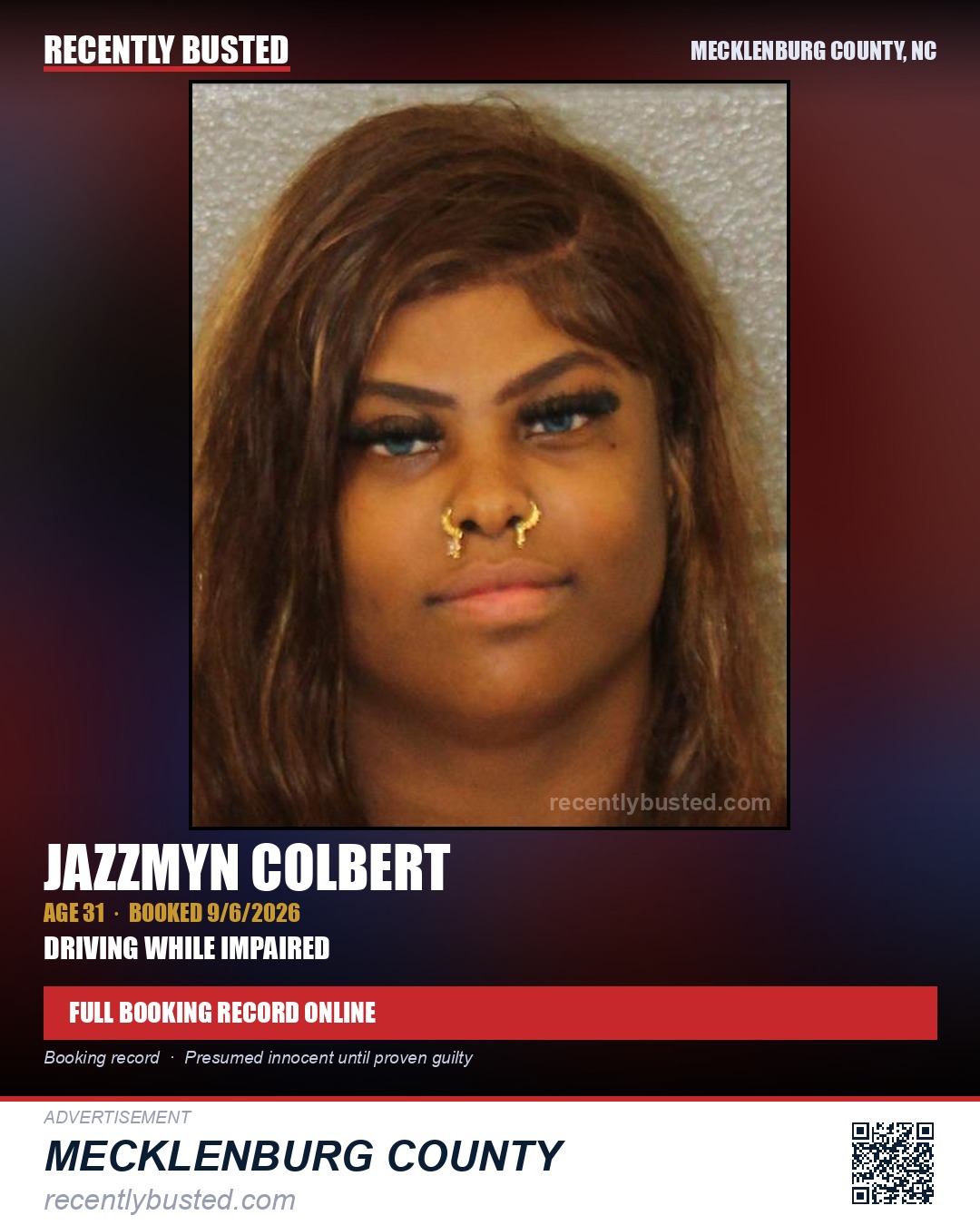 JAZZMYN COLBERT — arrest record card, Mecklenburg County, North Carolina