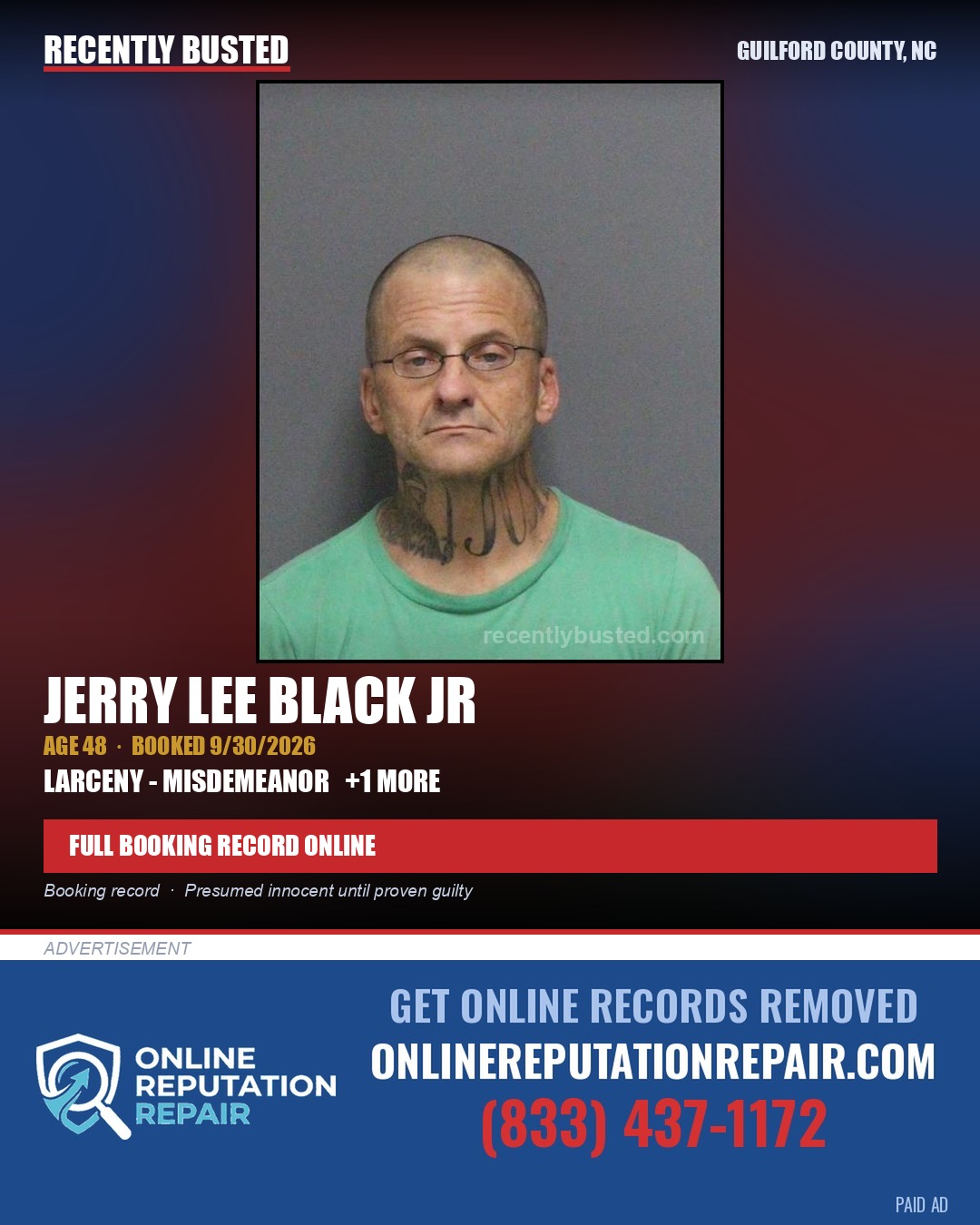 JERRY LEE BLACK JR — arrest record card, Guilford County, North Carolina