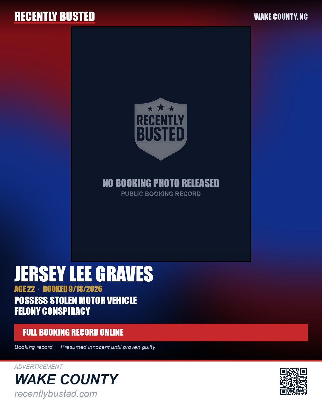JERSEY LEE GRAVES — arrest record card, Wake County, North Carolina