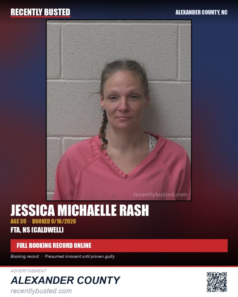 JESSICA MICHAELLE RASH — arrest record card, Alexander County, North Carolina