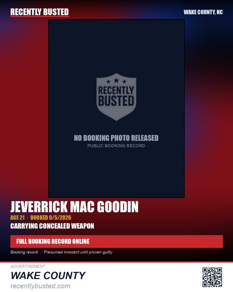 JEVERRICK MAC GOODIN — arrest record card, Wake County, North Carolina