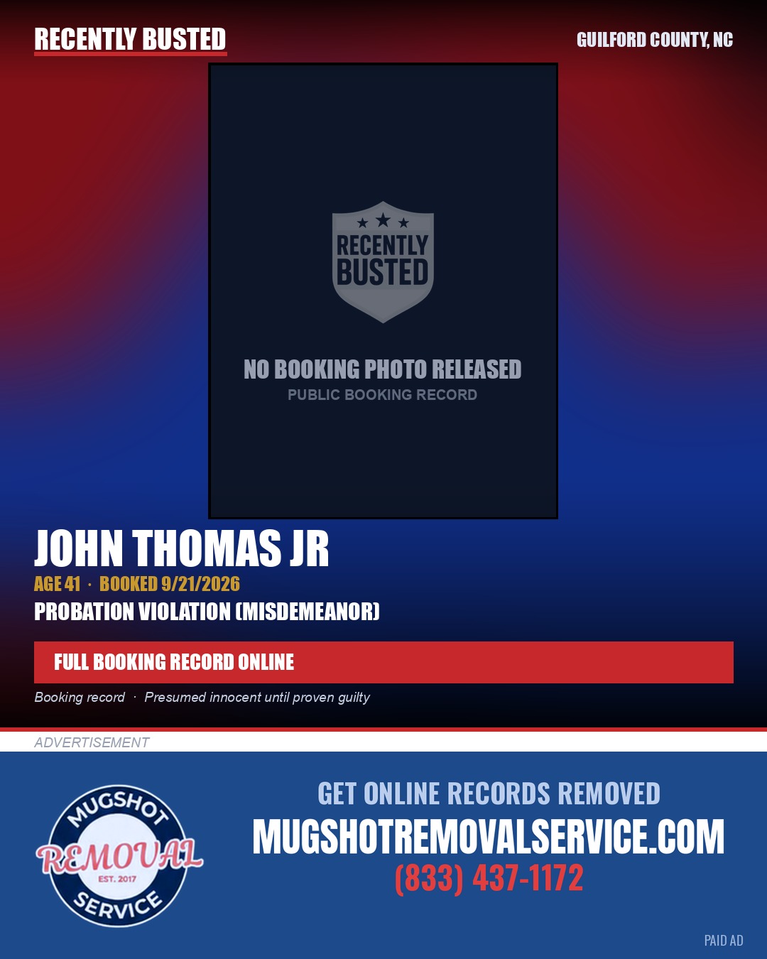 JOHN THOMAS JR — arrest record card, Guilford County, North Carolina