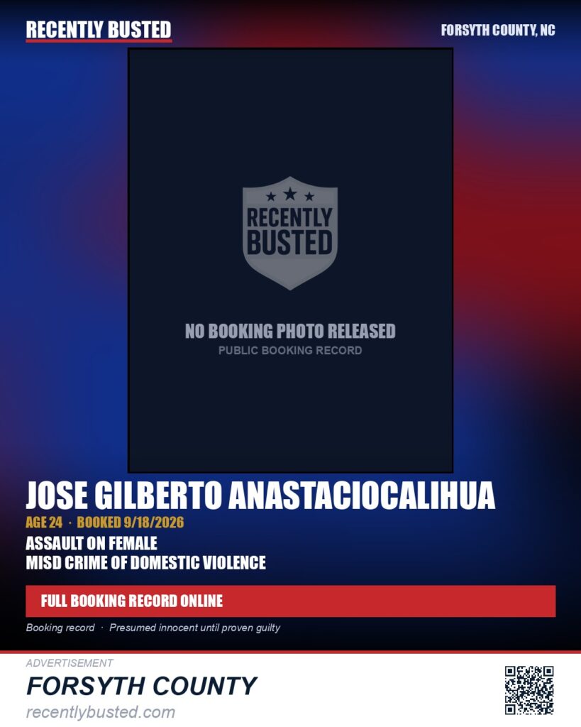 JOSE GILBERTO ANASTACIOCALIHUA — arrest record card, Forsyth County, North Carolina