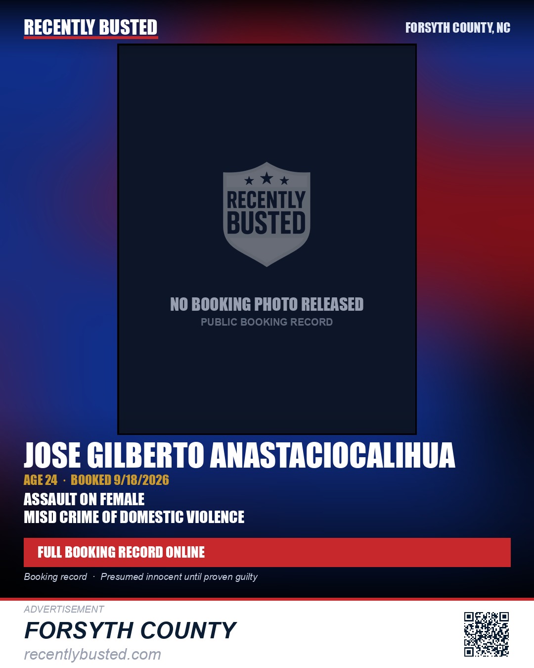 JOSE GILBERTO ANASTACIOCALIHUA — arrest record card, Forsyth County, North Carolina