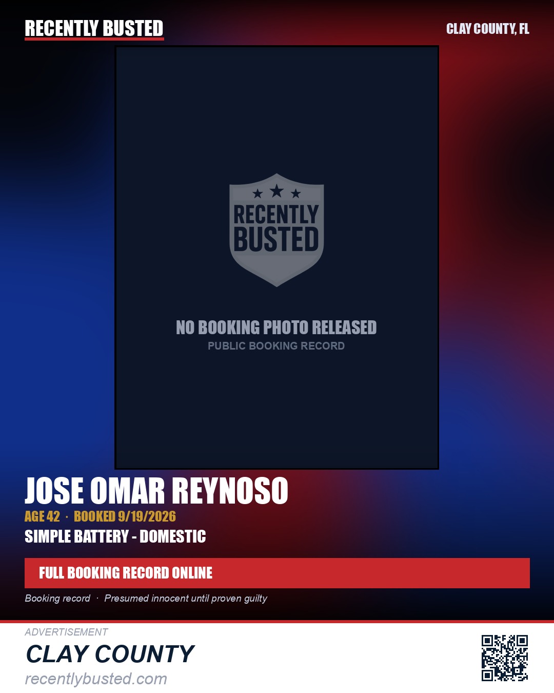 JOSE OMAR REYNOSO — arrest record card, Clay County, Florida